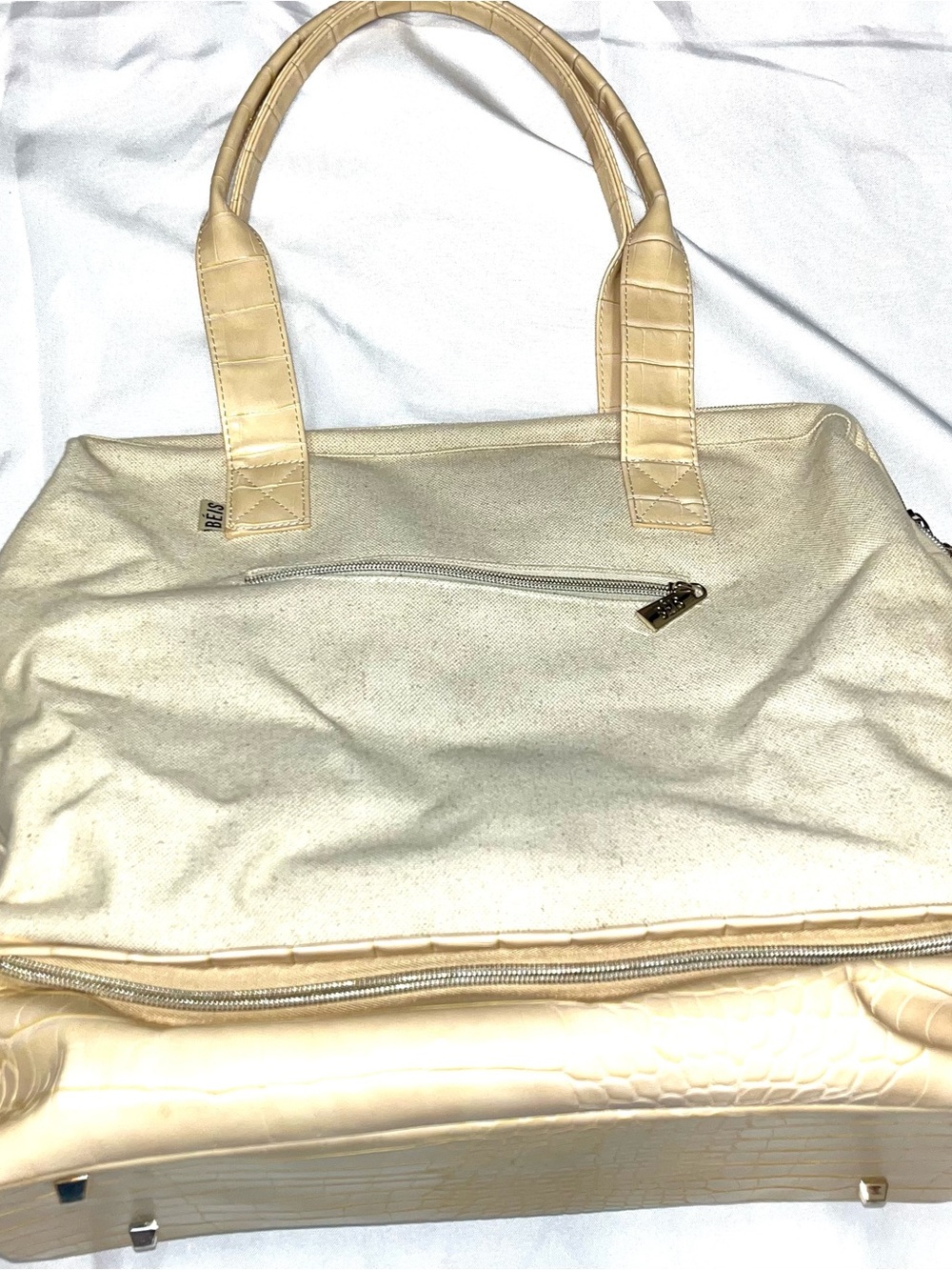 BEIS weekender bag - Neutral Canvas Tote with Croc-Accent Trim - Picture 4 of 6